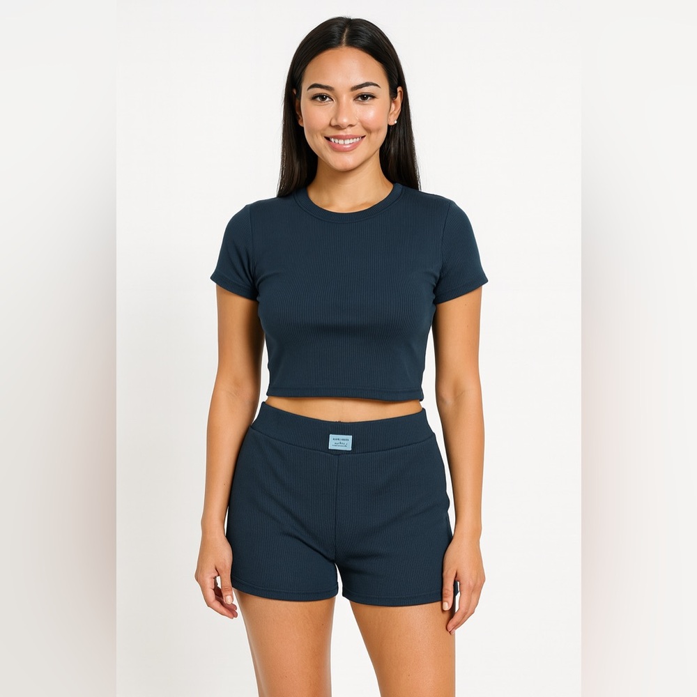 Women’s 2 Piece Lounge Set Black Ribbed Top & Shorts XL (Fits Like L) Stretchy